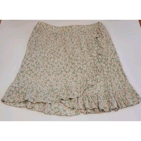 Hippie Rose Juniors Floral Skirt M Ruffle Hem Sage Green Pink Flowers Rayon - Picture 1 of 5
